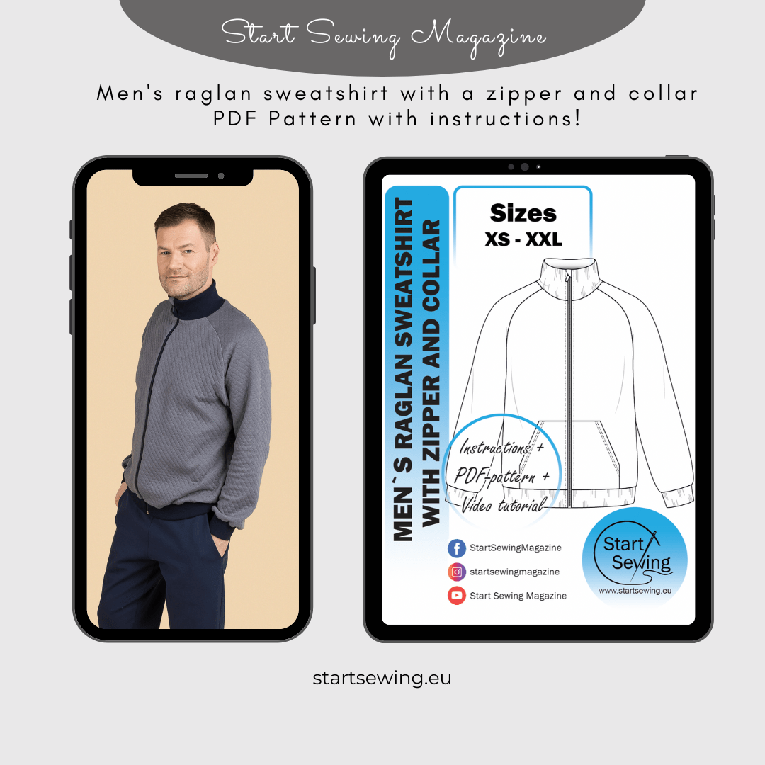Men's sweatshirt with a collar and zipper PDF sewing pattern. This pattern includes sizes XS-XXL.