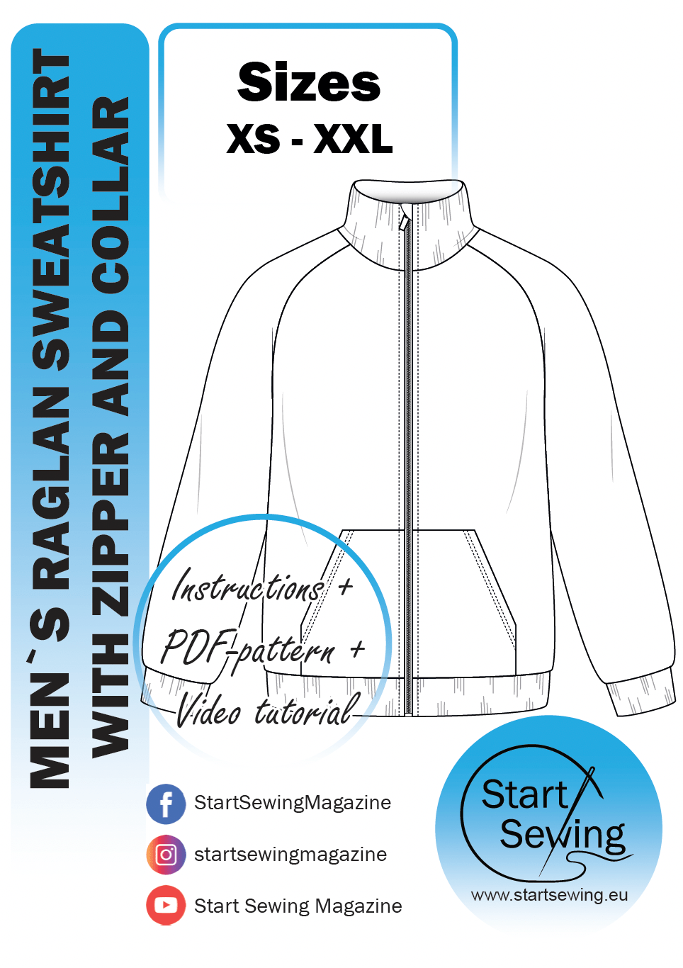 Men's sweatshirt with a collar and zipper PDF sewing pattern. This pattern includes sizes XS-XXL.