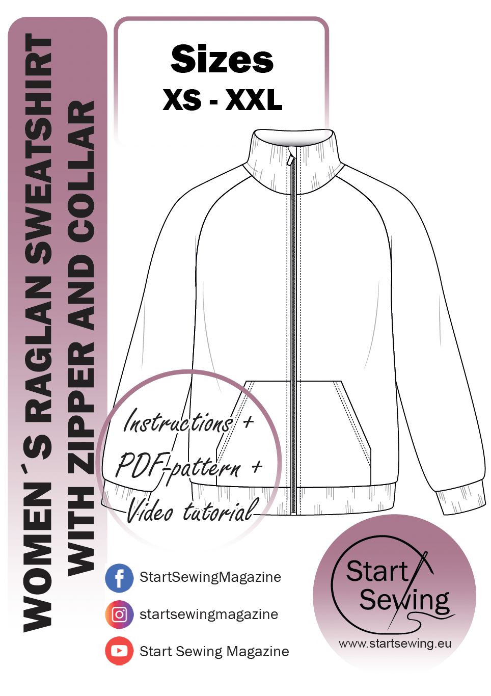 Women's sweatshirt with a collar and zipper PDF sewing pattern. This pattern includes sizes XS-XXL.